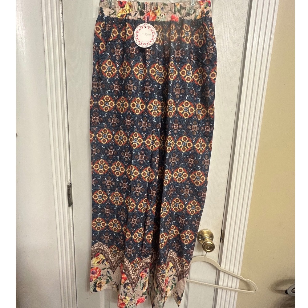 Umgee USA Womens Small Boho Wide Leg Pants Floral Medallion Print R0794 NWT